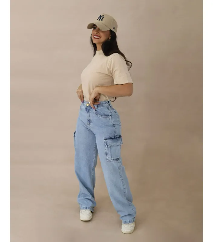 Calça cargo jeans feminina - imagem 1